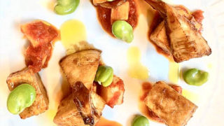 トーフのキャラメリゼ春野菜の軽いトマト煮