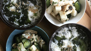 鶏とキュウリ、長芋の梅シソ胡麻和え