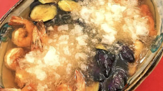 冷製お出汁で食べる揚げナスと海老の大根おろし添え